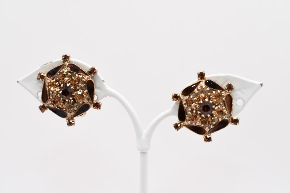 Weiss Vintage Topaz Rhinestone Enamel Clip Earrings Gold Tone Signed